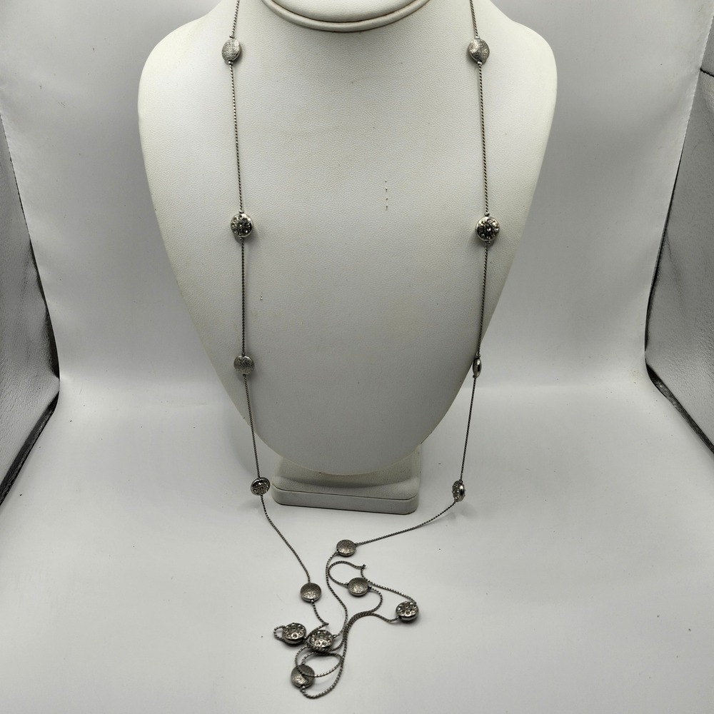 JLo Silver Tone Station Necklace Rhinestone Accents Long Rope Chain‎